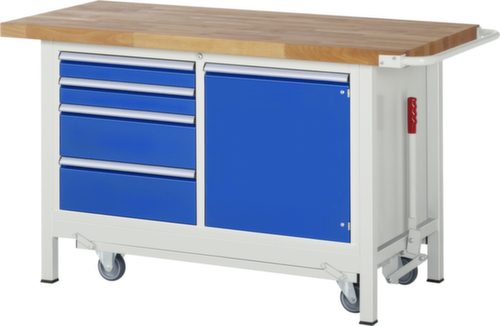 RAU Werkbank Serie 8000 mit absenkbarem Fahrgestell, 4 Schubladen, 1 Schrank, 1 Schiebebügel, RAL7035 Lichtgrau/RAL5010 Enzianblau