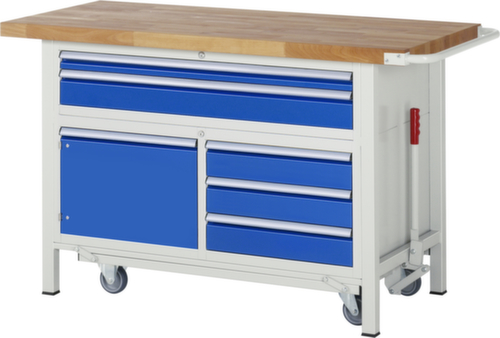 RAU Werkbank Serie 8000 mit absenkbarem Fahrgestell, 5 Schubladen, 1 Schrank, 1 Schiebebügel, RAL7035 Lichtgrau/RAL5010 Enzianblau