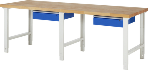 RAU Höhenverstellbare Werkbank Serie 7000, 2 Schubladen, RAL7035 Lichtgrau/RAL5010 Enzianblau