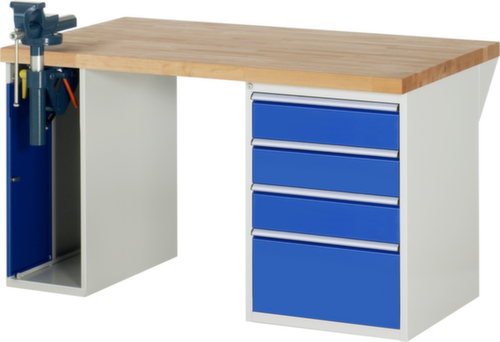 RAU Werkbank Serie 7000 mit Containergestell, 4 Schubladen, 1 Schrank, 1 Schraubstock, RAL7035 Lichtgrau/RAL5010 Enzianblau