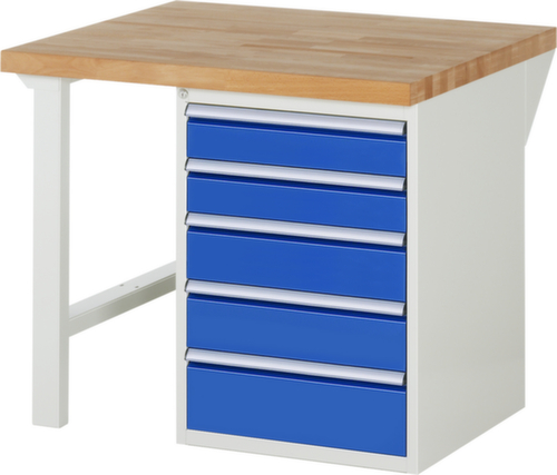 RAU Werkbank Serie 7000 mit Containergestell, 5 Schubladen, RAL7035 Lichtgrau/RAL5010 Enzianblau