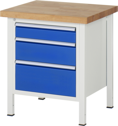 RAU Höhenverstellbare Werkbank Serie 8000, 3 Schubladen, RAL7035 Lichtgrau/RAL5010 Enzianblau