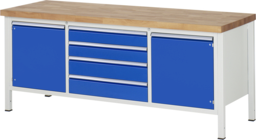 RAU Höhenverstellbare Werkbank Serie 8000, 4 Schubladen, 2 Schränke, RAL7035 Lichtgrau/RAL5010 Enzianblau