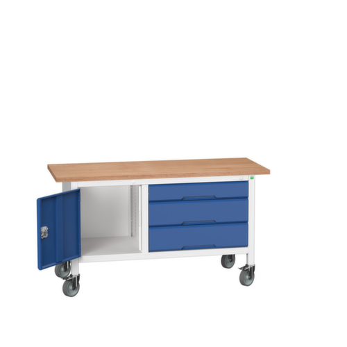 bott Fahrbare Kastenwerkbank verso, 3 Schubladen, 1 Schrank, RAL7035 Lichtgrau/RAL5010 Enzianblau