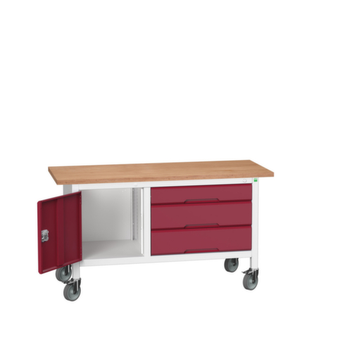 bott Fahrbare Kastenwerkbank verso, 3 Schubladen, 1 Schrank, RAL7035 Lichtgrau/RAL3004 Purpurrot