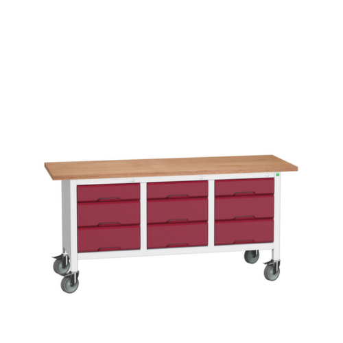 bott Fahrbare Kastenwerkbank verso, 9 Schubladen, RAL7035 Lichtgrau/RAL3004 Purpurrot