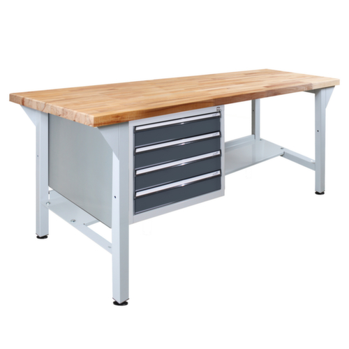 Werkbank mit Buche-Massivholzplatte, 4 Schubladen, 1 Ablageboden, RAL7035 Lichtgrau/RAL7016 Anthrazitgrau