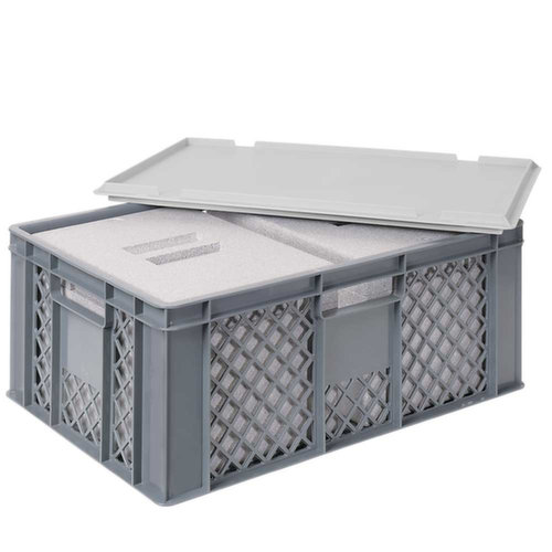 Euronorm-StapelbehĂ€lter mit 2 Isolierboxen, grau, Inhalt 43 l, Auflagedeckel fĂŒr Isolierbox