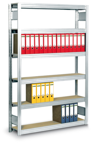 regalwerk Rayonnage sans boulons à plateaux agglomérés avec raidisseurs sens profondeur, 6 tablettes, avec revêtement en zinc anti-corrosion