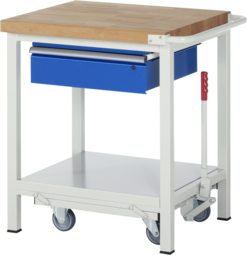 RAU établi Serie 8000 de type rabattable, 1 tiroir, 1 tablette, 1 barre de poussée, RAL7035 gris clair/RAL5010 bleu gentiane