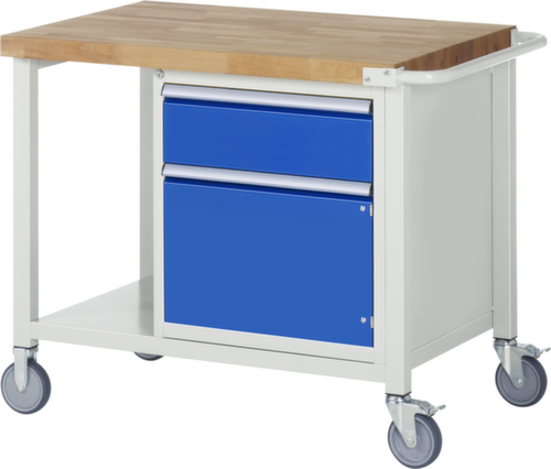 RAU Établi mobile Serie 8000, 1 tiroir, 1 armoire, 1 tablette, 1 barre de poussée, RAL7035 gris clair/RAL5010 bleu gentiane
