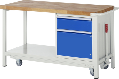 RAU établi Serie 8000 de type rabattable, 1 tiroir, 1 armoire, 1 tablette, 1 barre de poussée, RAL7035 gris clair/RAL5010 bleu gentiane
