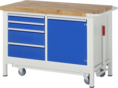 RAU établi Serie 8000 de type rabattable, 4 tiroirs, 1 armoire, 1 barre de poussée, RAL7035 gris clair/RAL5010 bleu gentiane