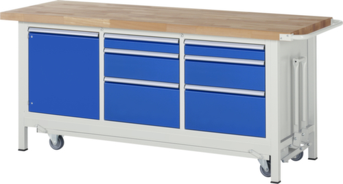 RAU établi Serie 8000 de type rabattable, 6 tiroirs, 1 armoire, 1 barre de poussée, RAL7035 gris clair/RAL5010 bleu gentiane