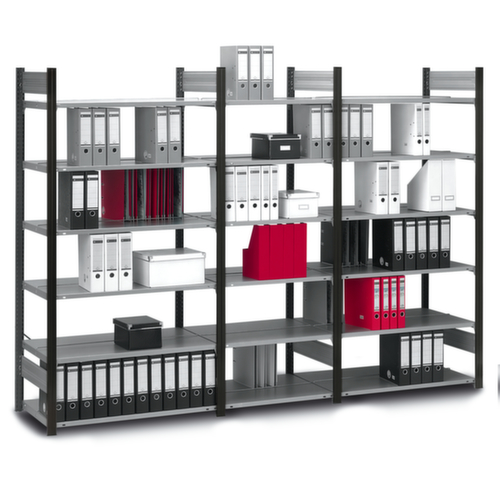 hofe Etagère à dossiers sans vis pour une utilisation des deux côtés, 7 tablettes, RAL9005 noir foncé/RAL9006 aluminium blanc