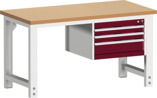 bott Etabli cubio fixe ou réglable en hauteur, 3 tiroirs, RAL7035 gris clair/RAL3004 rouge pourpre