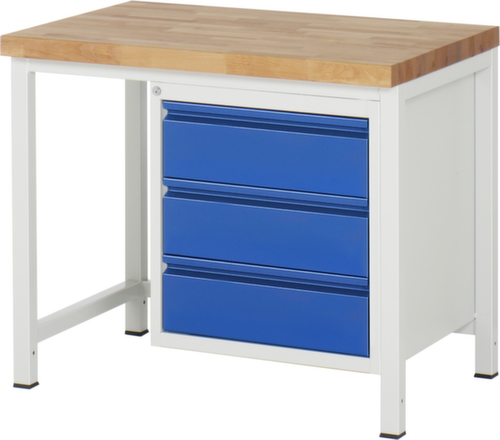 RAU Établi à hauteur réglable Serie 8000 avec plateau en hêtre, 3 tiroirs, RAL7035 gris clair/RAL5010 bleu gentiane