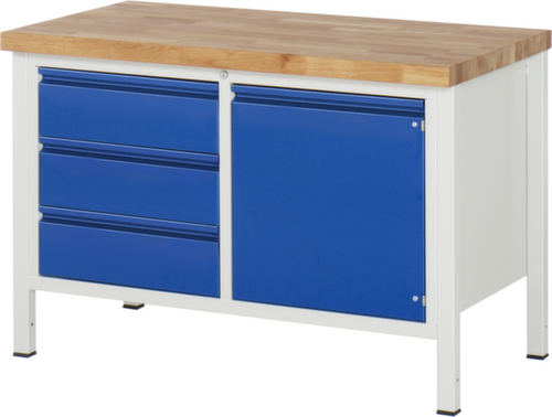 RAU Établi à hauteur réglable Serie 8000 avec plateau en hêtre, 3 tiroirs, 1 armoire, 1 tablette, RAL7035 gris clair/RAL5010 bleu gentiane