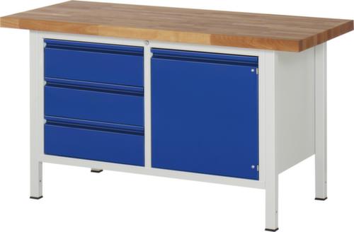 RAU Établi à hauteur réglable Serie 8000 avec plateau en hêtre, 3 tiroirs, 1 armoire, 1 tablette, RAL7035 gris clair/RAL5010 bleu gentiane