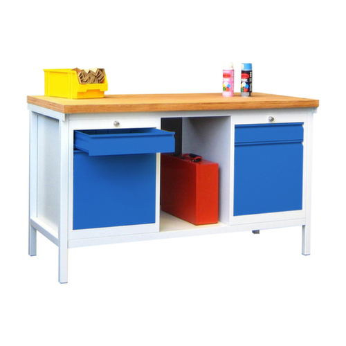 PAVOY Établi avec différents soubassements, 2 blocs tiroirs, 1 tablette