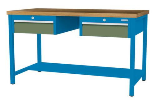 Bedrunka + Hirth Etabli avec plateau en hêtre massif Piétement en plusieurs couleurs, 2 tiroirs, 1/2 tablette