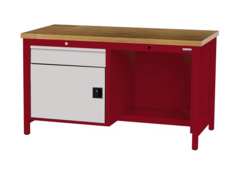 Bedrunka + Hirth Etabli avec plateau en hêtre massif Piétement en plusieurs couleurs, 1 tiroir, 1 armoire, 1/2 tablette