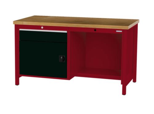 Bedrunka + Hirth Etabli avec plateau en hêtre massif Piétement en plusieurs couleurs, 1 tiroir, 1 armoire, 1/2 tablette