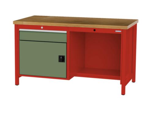 Bedrunka + Hirth Etabli avec plateau en hêtre massif Piétement en plusieurs couleurs, 1 tiroir, 1 armoire, 1/2 tablette