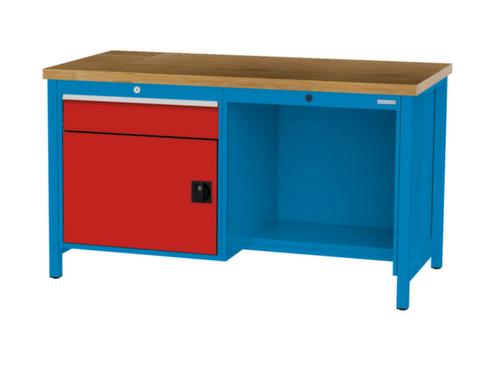 Bedrunka + Hirth Etabli avec plateau en hêtre massif Piétement en plusieurs couleurs, 1 tiroir, 1 armoire, 1/2 tablette