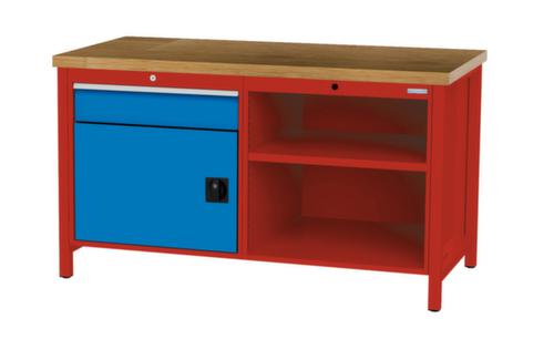 Bedrunka + Hirth Etabli avec plateau en hêtre massif Piétement en plusieurs couleurs, 1 tiroir, 1 armoire, 2 tablettes