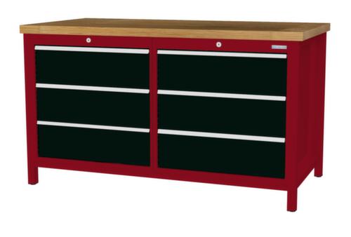 Bedrunka + Hirth Etabli avec plateau en hêtre massif Piétement en plusieurs couleurs, 6 tiroirs