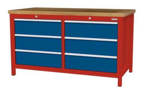 Bedrunka + Hirth Etabli avec plateau en hêtre massif Piétement en plusieurs couleurs, 6 tiroirs