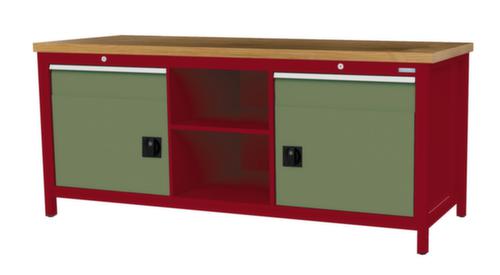 Bedrunka + Hirth Etabli avec plateau en hêtre massif Piétement en plusieurs couleurs, 2 tiroirs, 2 armoires, 2 tablettes