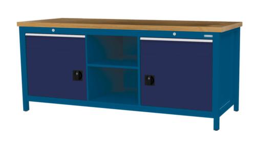 Bedrunka + Hirth Etabli avec plateau en hêtre massif Piétement en plusieurs couleurs, 2 tiroirs, 2 armoires, 2 tablettes