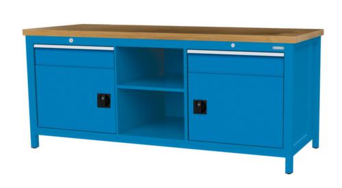 Bedrunka + Hirth Etabli avec plateau en hêtre massif Piétement en plusieurs couleurs, 2 tiroirs, 2 armoires, 2 tablettes