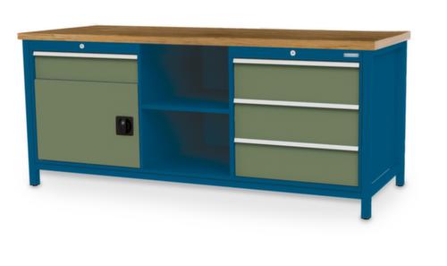 Bedrunka + Hirth Etabli avec plateau en hêtre massif Piétement en plusieurs couleurs, 3 tiroirs, 1 armoire, 2 tablettes