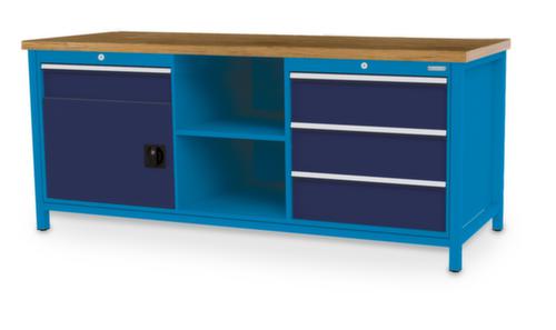 Bedrunka + Hirth Etabli avec plateau en hêtre massif Piétement en plusieurs couleurs, 3 tiroirs, 1 armoire, 2 tablettes