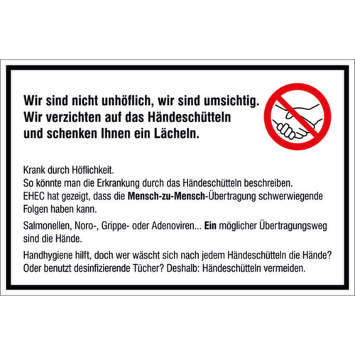 Affichage de l'hygiène Éviter de serrer la main, « Éviter les poignées de main ! »