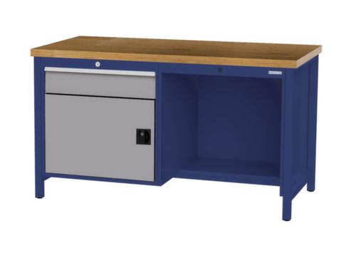 Bedrunka + Hirth Etabli avec plateau en hêtre massif Piétement en plusieurs couleurs, 1 tiroir, 1 armoire, 1/2 tablette