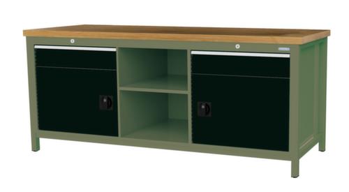 Bedrunka + Hirth Etabli avec plateau en hêtre massif Piétement en plusieurs couleurs, 2 tiroirs, 2 armoires, 2 tablettes