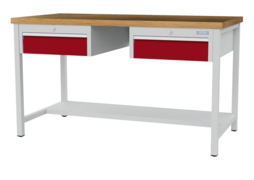 Bedrunka + Hirth Etabli avec plateau en hêtre massif Piétement en plusieurs couleurs, 2 tiroirs, 1/2 tablette