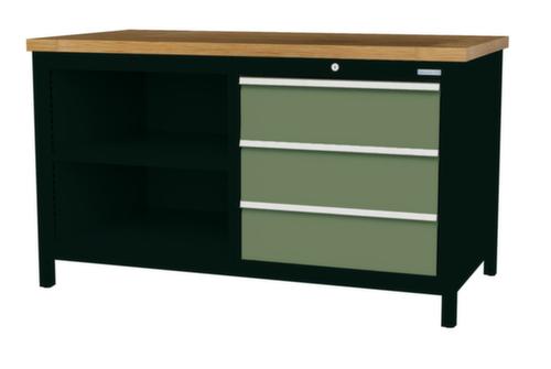 Bedrunka + Hirth Etabli avec plateau en hêtre massif Piétement en plusieurs couleurs, 3 tiroirs, 2 tablettes