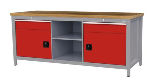 Bedrunka + Hirth Etabli avec plateau en hêtre massif Piétement en plusieurs couleurs, 2 tiroirs, 2 armoires, 2 tablettes