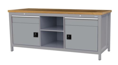 Bedrunka + Hirth Etabli avec plateau en hêtre massif Piétement en plusieurs couleurs, 2 tiroirs, 2 armoires, 2 tablettes