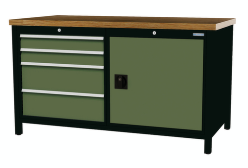 Bedrunka + Hirth Etabli avec plateau en hêtre massif Piétement en plusieurs couleurs, 4 tiroirs, 1 armoire