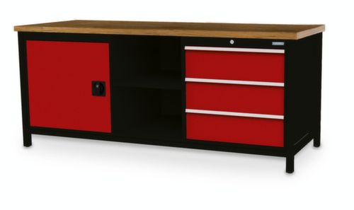 Bedrunka + Hirth Etabli avec plateau en hêtre massif Piétement en plusieurs couleurs, 3 tiroirs, 1 armoire, 2 tablettes