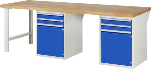 RAU établi Serie 7000 avec piètement en blocs à tiroirs, 8 tiroirs, RAL7035 gris clair/RAL5010 bleu gentiane