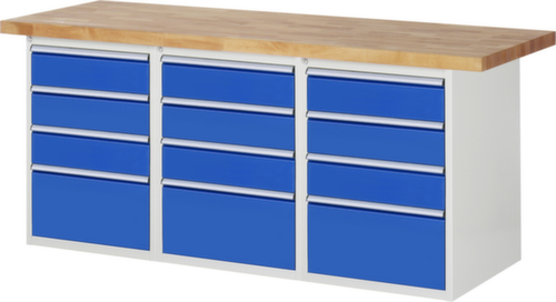 RAU établi Serie 7000 avec piètement en blocs à tiroirs, 12 tiroirs, RAL7035 gris clair/RAL5010 bleu gentiane