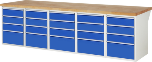 RAU établi Serie 7000 avec piètement en blocs à tiroirs, 20 tiroirs, RAL7035 gris clair/RAL5010 bleu gentiane