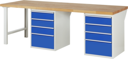 RAU établi Serie 7000 avec piètement en blocs à tiroirs, 8 tiroirs, RAL7035 gris clair/RAL5010 bleu gentiane